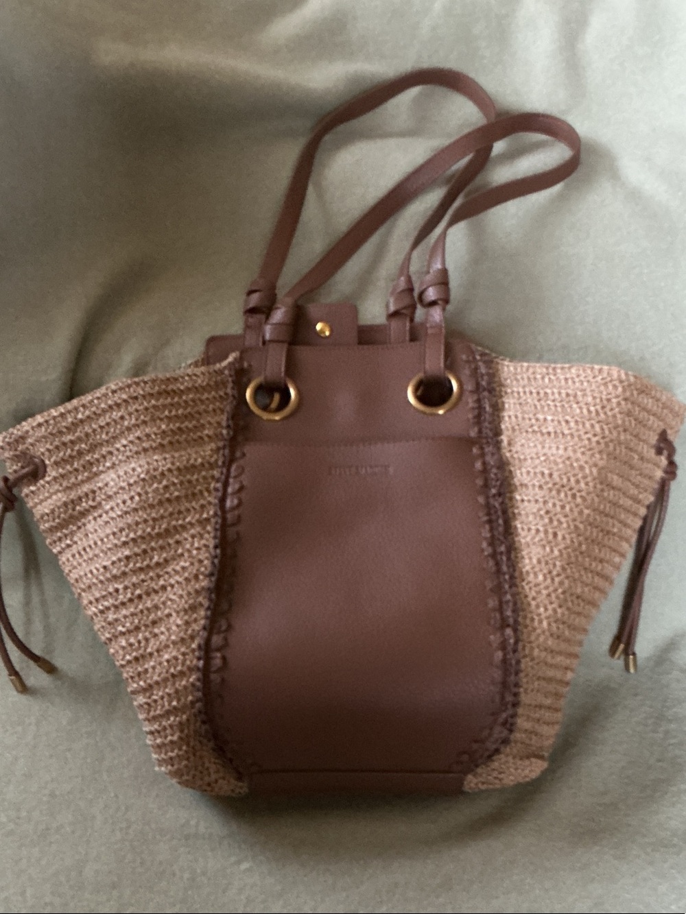 Steve Madden Brown Leather & Natural Straw Tote with Gold Rings